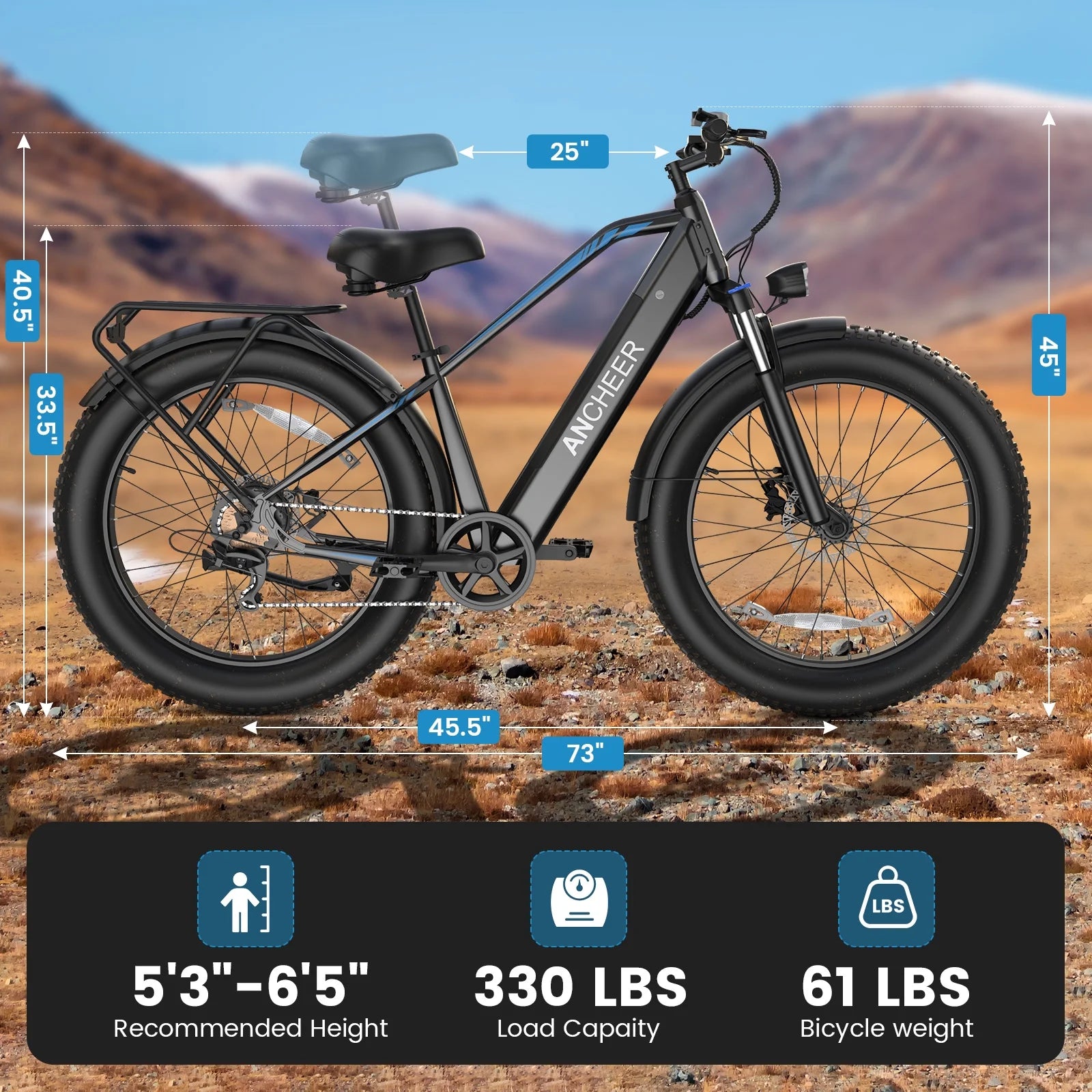 ANCHEER Electric Bike for Adults Peak 1000W Electric Bicycle 48V 15AH Battery Electric Bike 26" x 4.0" Fat Tire Mountain 28MPH 7 Speed Gears Electric Bike, Rear Rack, UL2849
