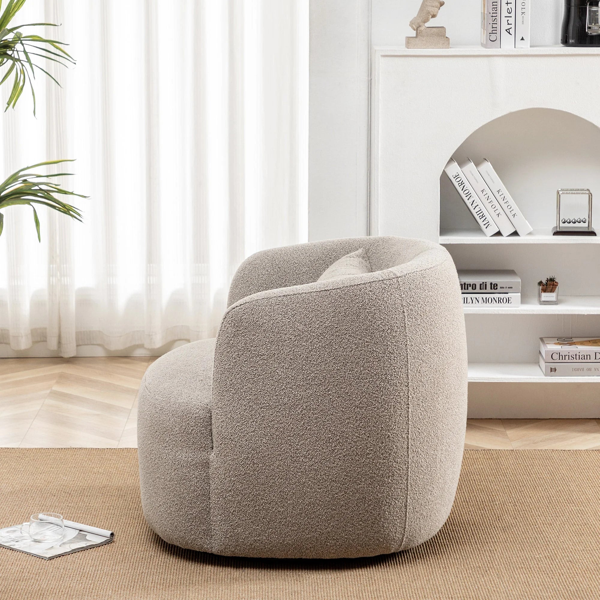 34" Wide Boucle Swivel Barrel Chair, No Assembly Round Upholstered Armchair Accent Chair Single Sofa Chair with Toss Pillow for Living Room and Bedroom, Taupe