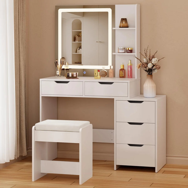 Bedroom Furniture Set - Includes Queen Bed Frame, Nightstands Set of 2, 5 - Drawer Dresser & Vanity Desk - Modern Storage Solution for Stylish Home Decor, Beige/White