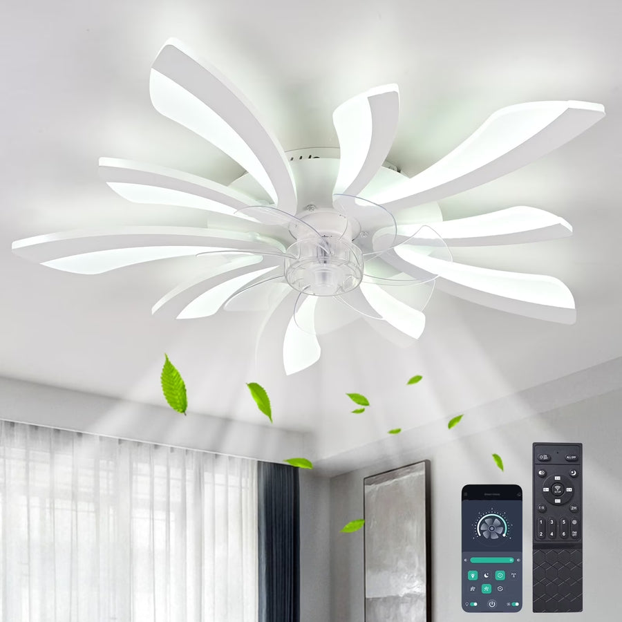 Garwarm Dimmable Ceiling Fan with Light and Remote Control, 27" Small Flush Mounted Ceiling Fan with LED Lights, APP and Remote Controlled, Modern, White