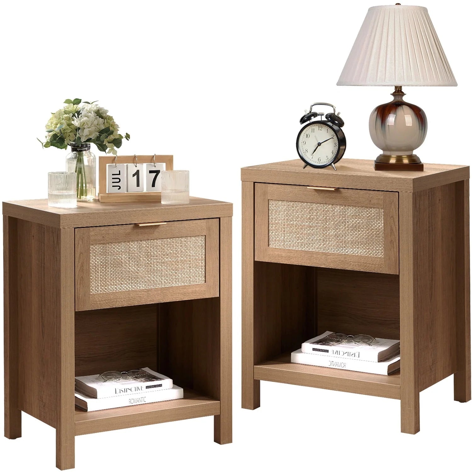 Surmoby Rattan Nightstand Set of 2, Farmhouse Bedside Tables with Drawer and Storage Shelf, Natural Boho End Table Side Table for Bedroom, Living Room