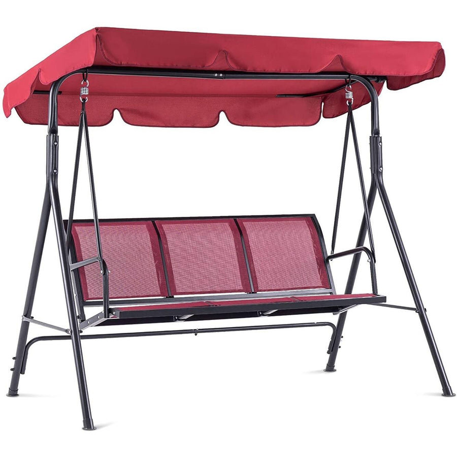 Mcombo Outdoor Patio Canopy Swing Chair 3-Person, Steel Frame Textilence SEATS Swing Glider, 4507 - Burgundy