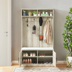 Entryway Hall Tree with Storage Bench, Wooden Coat Rack with Sponge Pad and 4 Dual Hooks, Storage Shelf Organizer with 2 - Door Cabinet for Entryway, Bedroom, Easy to Assemble