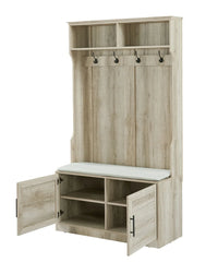 Entryway Hall Tree with Storage Bench, Wooden Coat Rack with Sponge Pad and 4 Dual Hooks, Storage Shelf Organizer with 2 - Door Cabinet for Entryway, Bedroom, Easy to Assemble