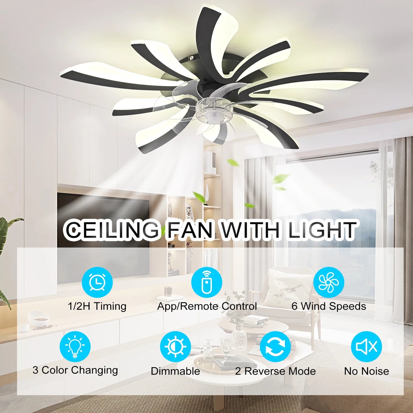 Garwarm Dimmable Ceiling Fan with Light and Remote Control, 27" Small Flush Mounted Ceiling Fan with LED Lights, APP and Remote Controlled, Modern, White