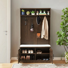 Entryway Hall Tree with Storage Bench, Wooden Coat Rack with Sponge Pad and 4 Dual Hooks, Storage Shelf Organizer with 2 - Door Cabinet for Entryway, Bedroom, Easy to Assemble