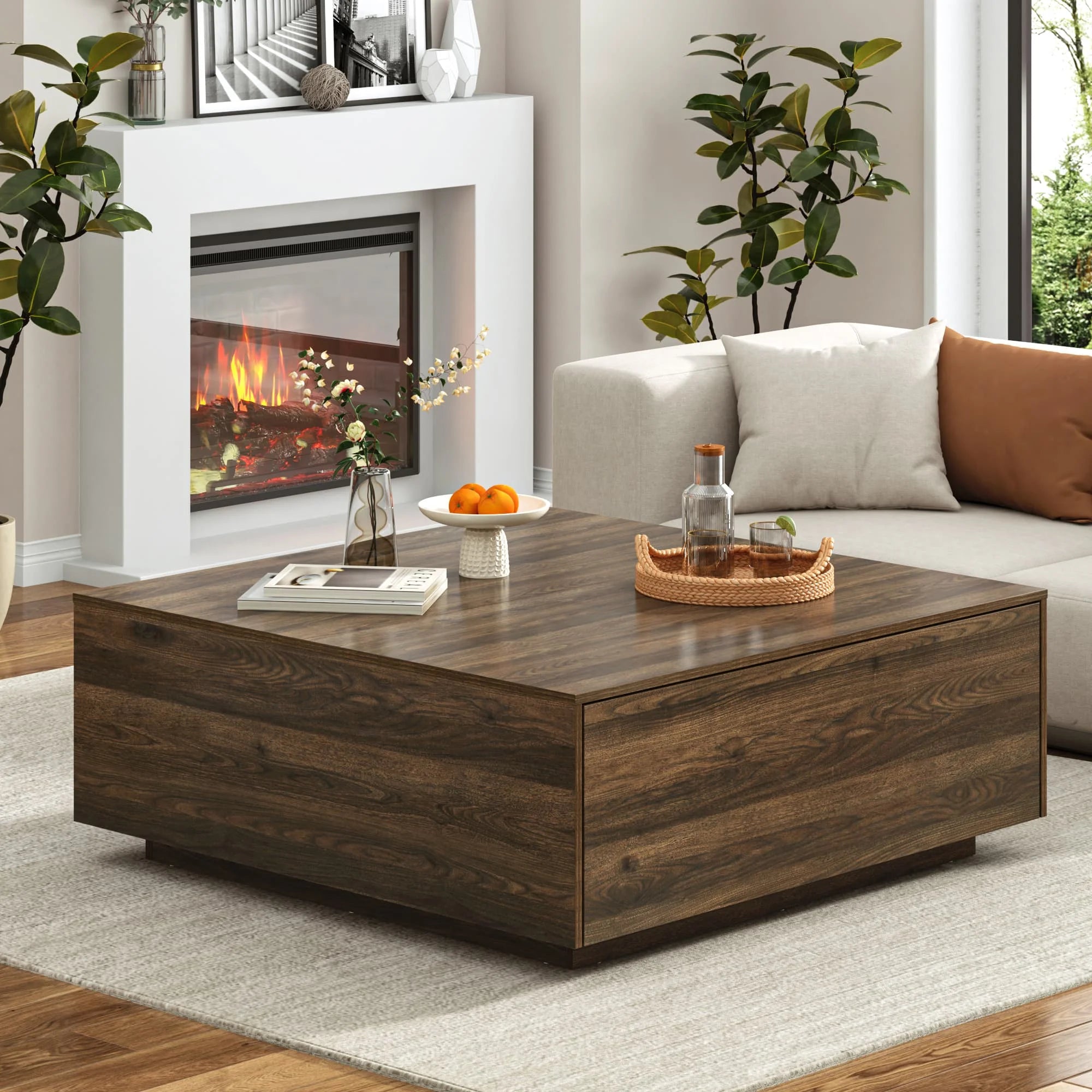 Blotout Square Coffee Table with 2 Large Drawers, 43" Mid Century Modern Coffee Table with Storage, Wood Cocktail Table Center Table with Storage for Living Room, Wood Grain