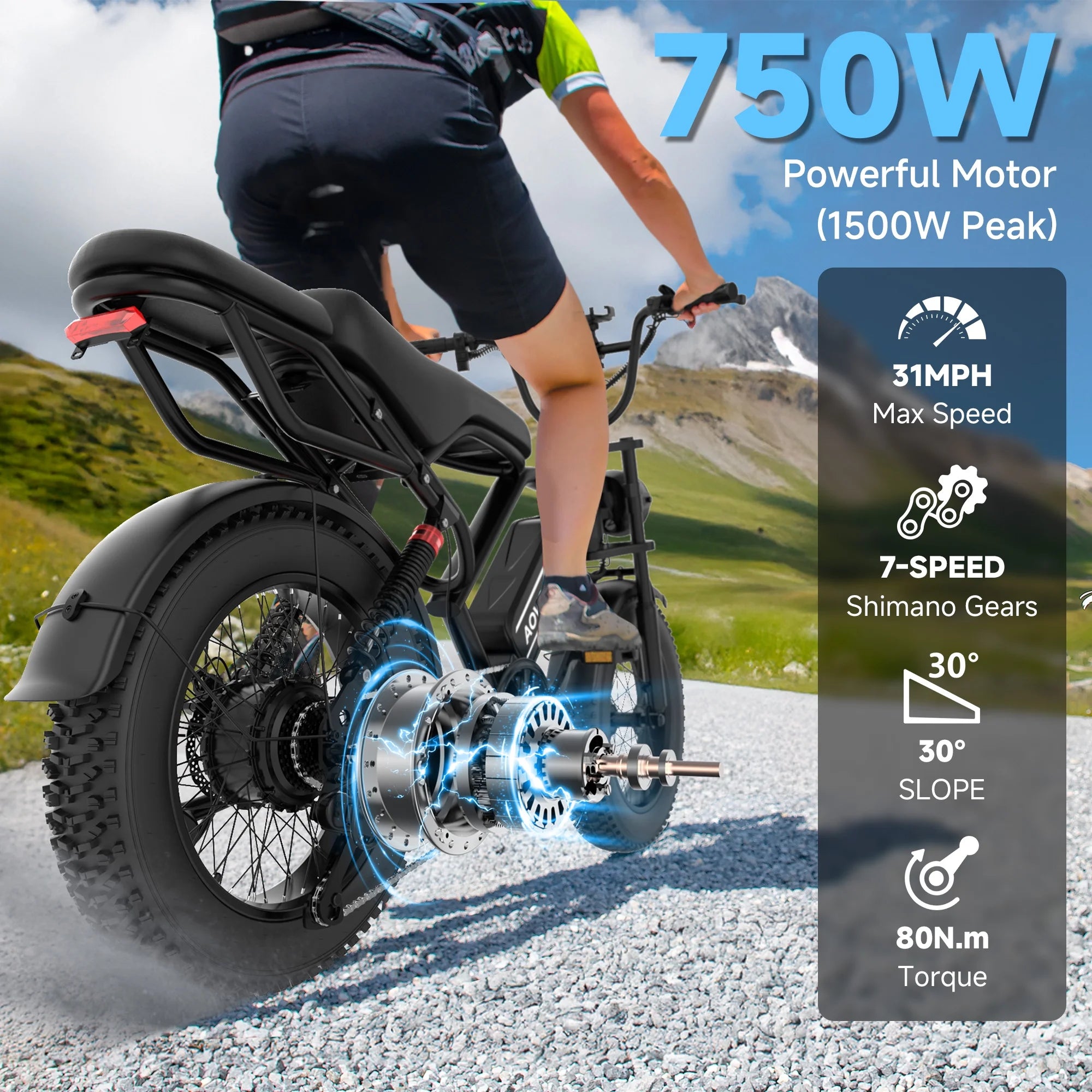 AOVOPRO AP20 Electric Bike for Adults 20 X 4.0 Fat Tire, 750W Off - Road E Bike, E - Mountain Bike 48V 15.6AH UL2849