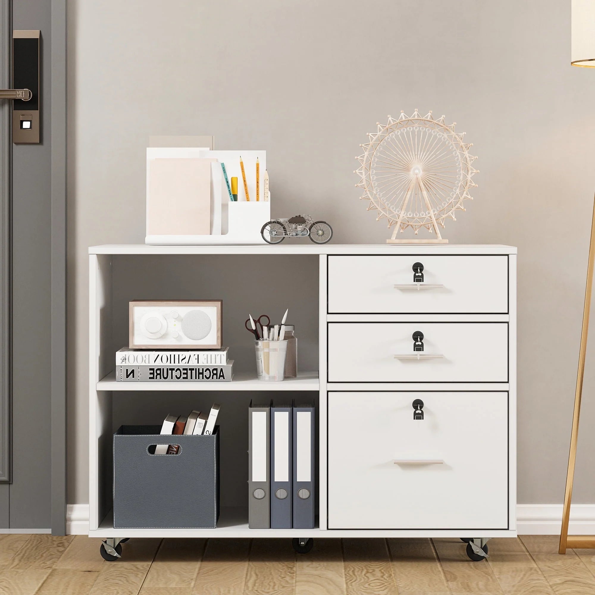 DEXTRUS 3 Drawer Wood Lateral Filing Cabinet with Locks, Printer Stand Storage File Cabinet with Shelves for Home Office, White