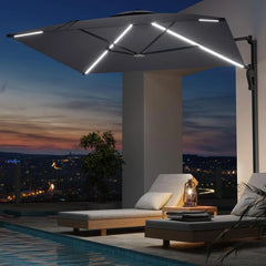 AECOJOY 10FT Large Patio Umbrella with Solar Lights, Rectangle Wall Mounted Outdoor Patio Umbrella, Grey