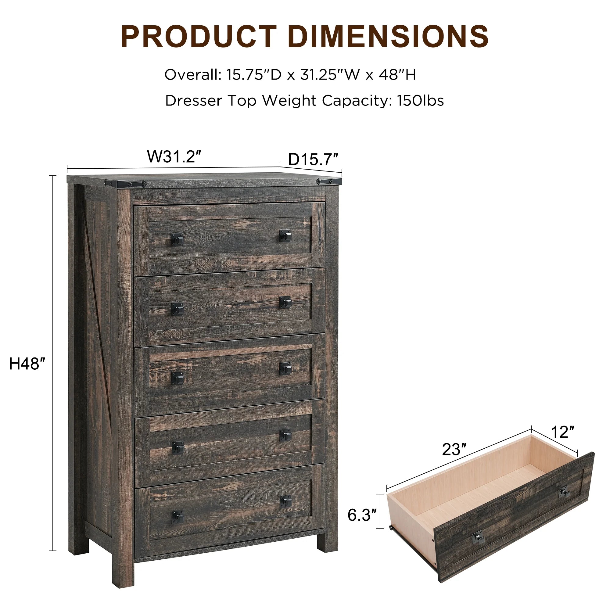 Keywhat Farmhouse 5 Drawer Dresser for Bedroom, Chest of Drawers Wood Organizer for Living Room, Antique White