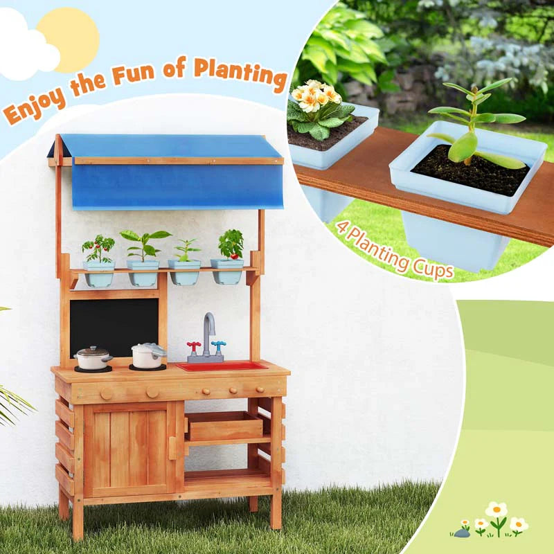 Kids Mud Kitchen Playset, Fir Wood Outdoor Play Kitchen Kids Potting Bench Mud Table with Adjustable Canopy, Sink, 4 Pots, Blackboard