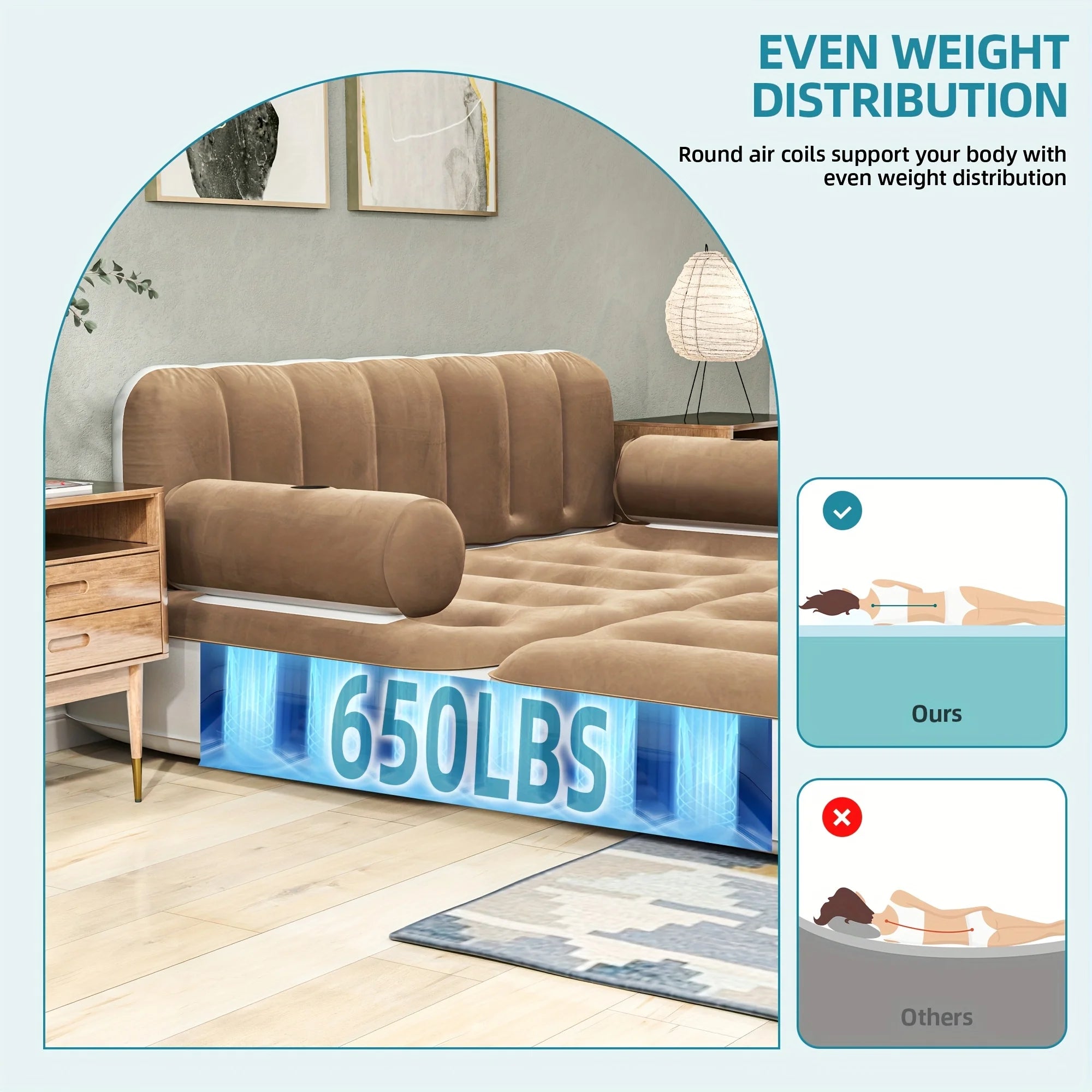 Inflatable Air Sofa Bed 2 - in - 1 Backrest Couch Airbed with Headboard and Pump Convertible Blow up Bed Mattress for Home, Camping, and Guests, Living Room Furniture, Queen Size