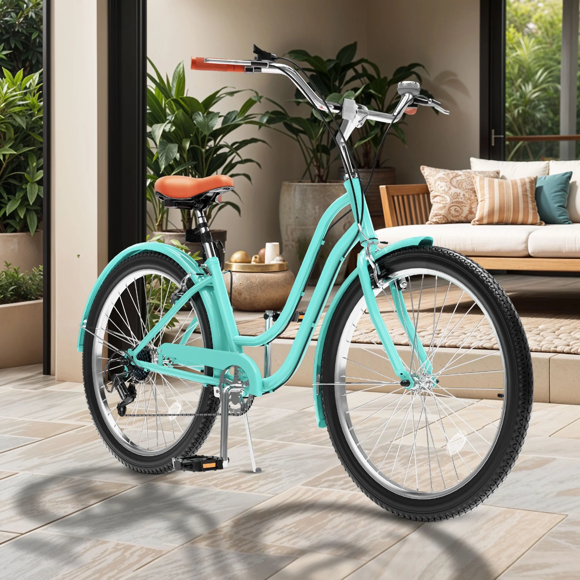 Uforic24'' Beach Cruiser Bike, 7 - Speed, Step - Through Bicycle for Men & Women, Steel Frame, Mint Green