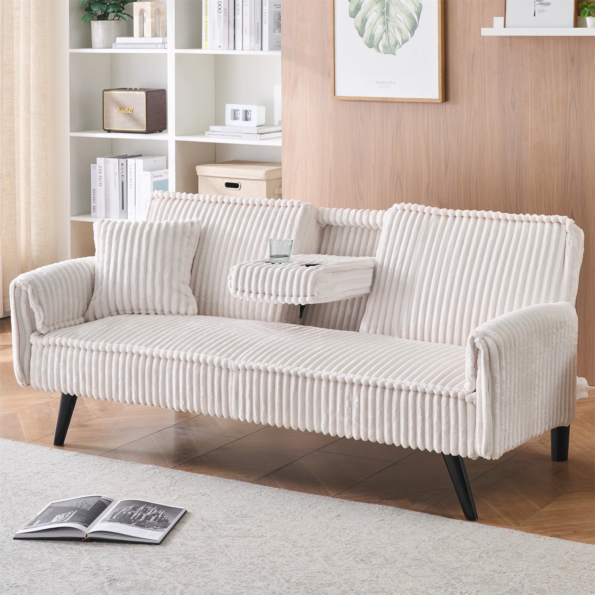 Aukfa 75" Square Arm Futon Convertible Sofa Bed for Home Office, 2 Cup Holders, Linen, Dark Gray