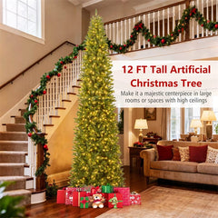 12 FT Pre-Lit Slim Pencil Christmas Tree with 1000 Warm White LED Lights, 2840 Hinged Branch Tips & Folding Stand for Indoor Outdoor Holiday Decor