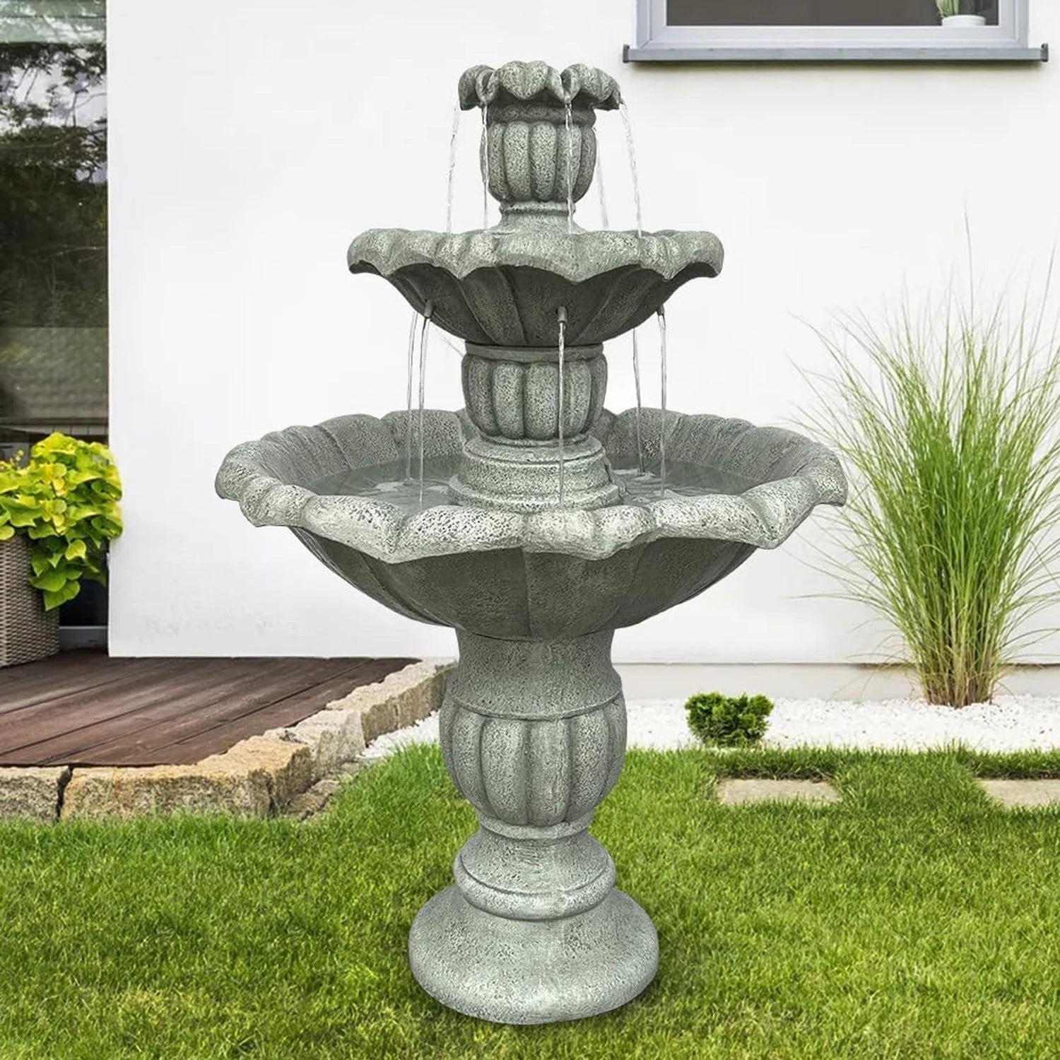 48�?h Outdoor Floor Water Fountain, 3 - Tiers Concrete Water Fountain with Submersible Electric Pump - Garden Cascading Waterfall for Yard Patio Lawn Home Decor