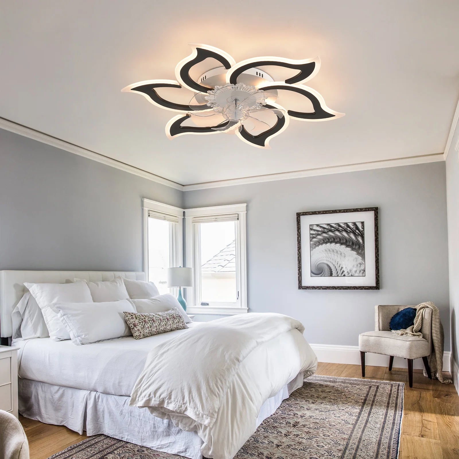 Garwarm Dimmable Ceiling Fan with Light and Remote Control, 27" Small Flush Mounted Ceiling Fan with LED Lights, APP and Remote Controlled, Modern, White