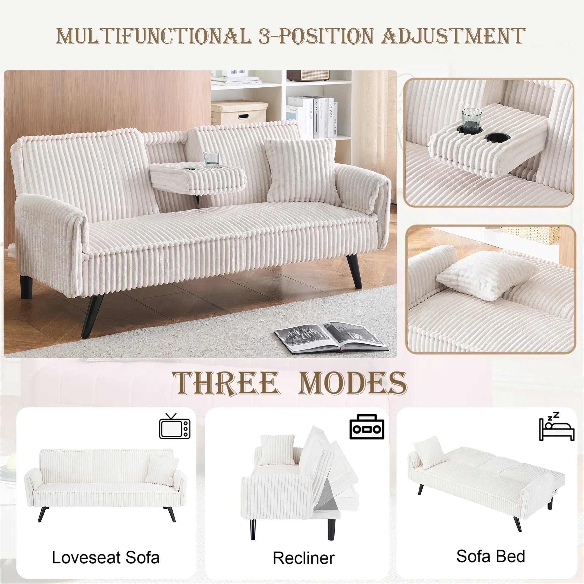 Aukfa 75" Square Arm Futon Convertible Sofa Bed for Home Office, 2 Cup Holders, Linen, Dark Gray