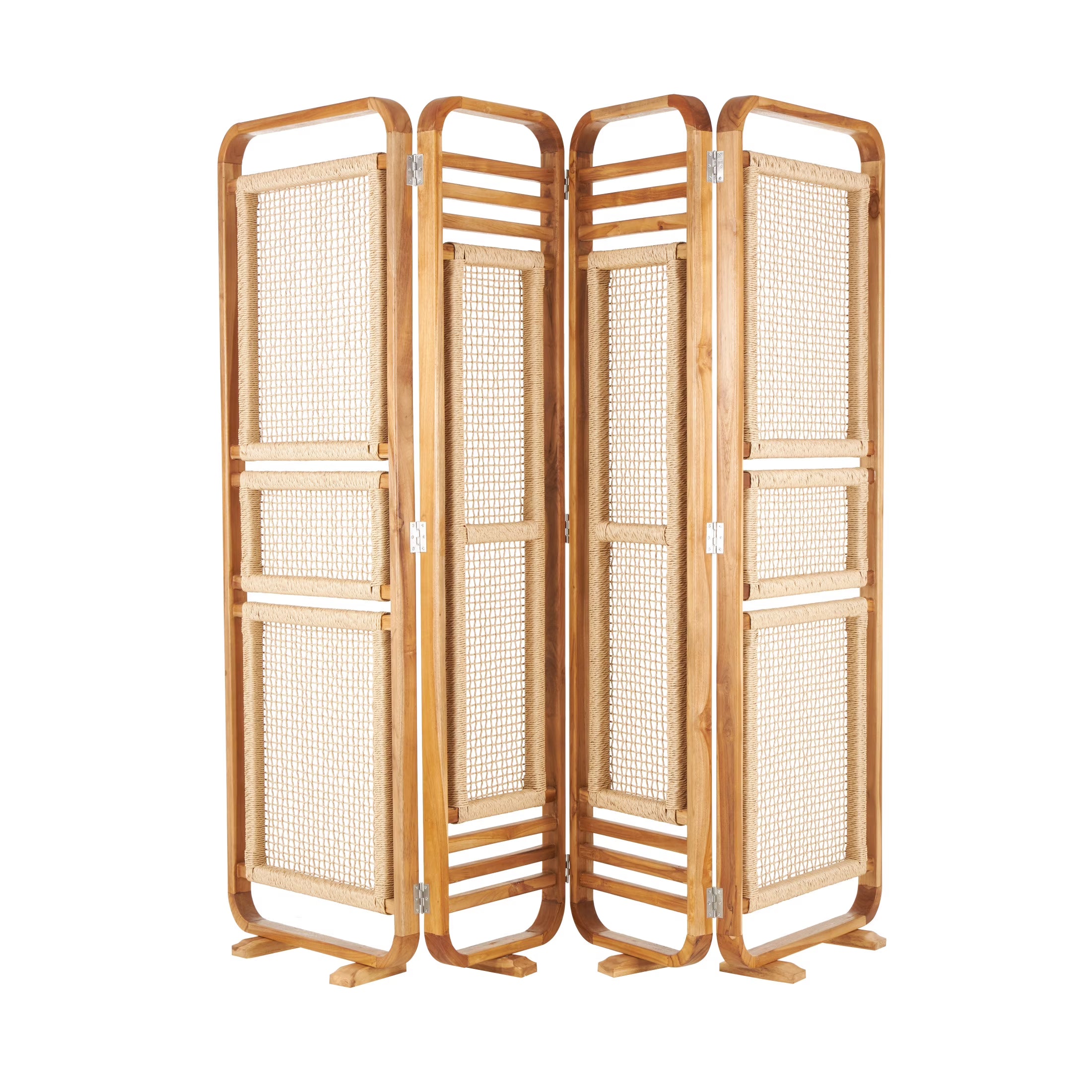 Decmode 79" x 70" Brown Teak Wood Handmade Foldable Partition 4 Panel Room Divider Screen with Woven Rattan Panels, 1 - Piece