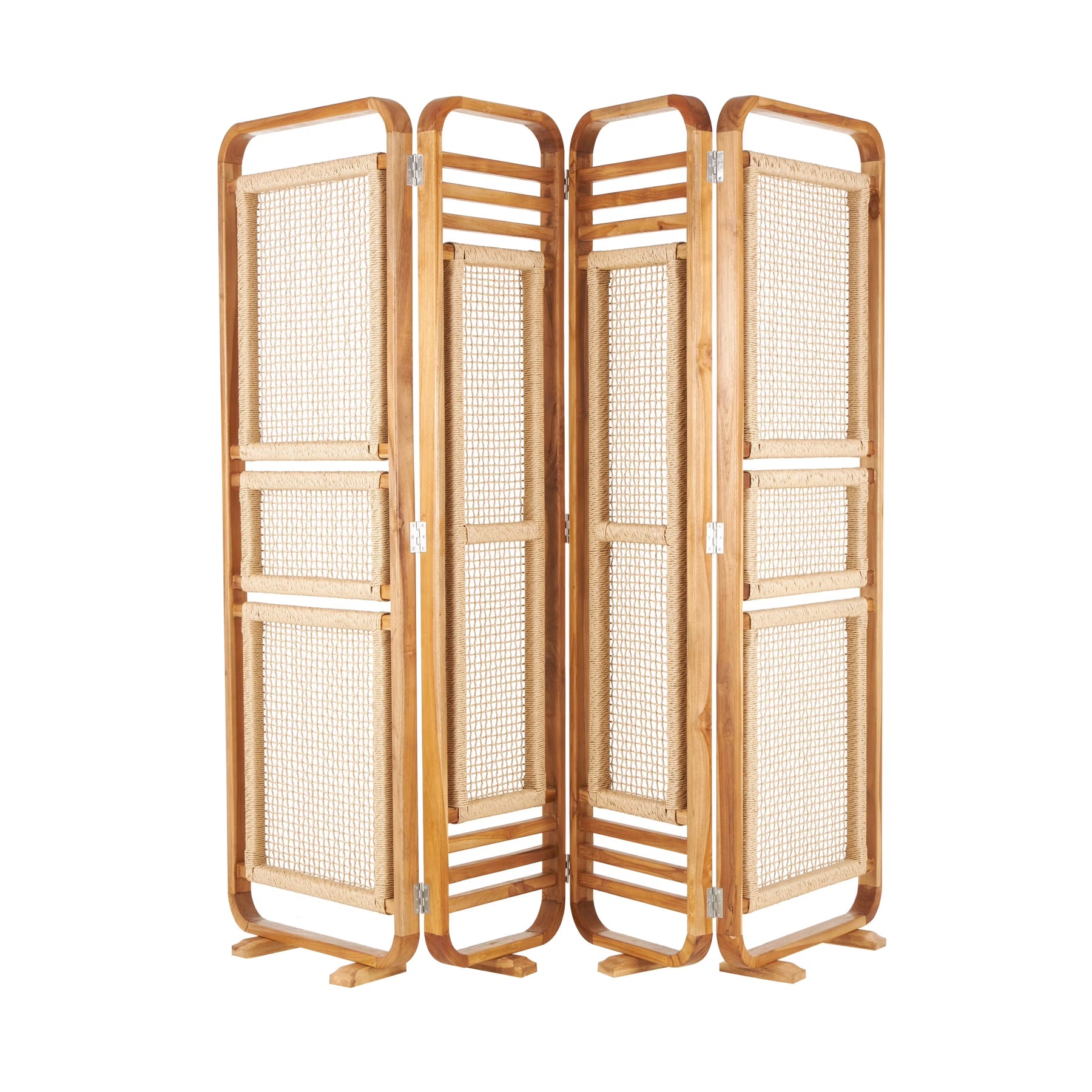Decmode 79" x 70" Brown Teak Wood Handmade Foldable Partition 4 Panel Room Divider Screen with Woven Rattan Panels, 1 - Piece
