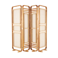 Decmode 79" x 70" Brown Teak Wood Handmade Foldable Partition 4 Panel Room Divider Screen with Woven Rattan Panels, 1 - Piece
