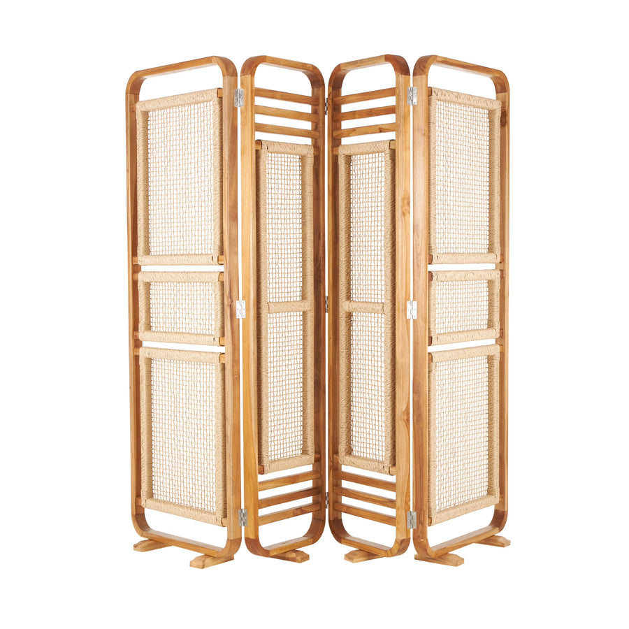 Decmode 79" x 70" Brown Teak Wood Handmade Foldable Partition 4 Panel Room Divider Screen with Woven Rattan Panels, 1 - Piece