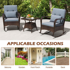 3-Piece Outdoor Wicker Rocking Chair Set, Rattan Bistro Rocker Furniture with Cushions & Pillows, Tempered Glass Coffee Table for Porch Balcony