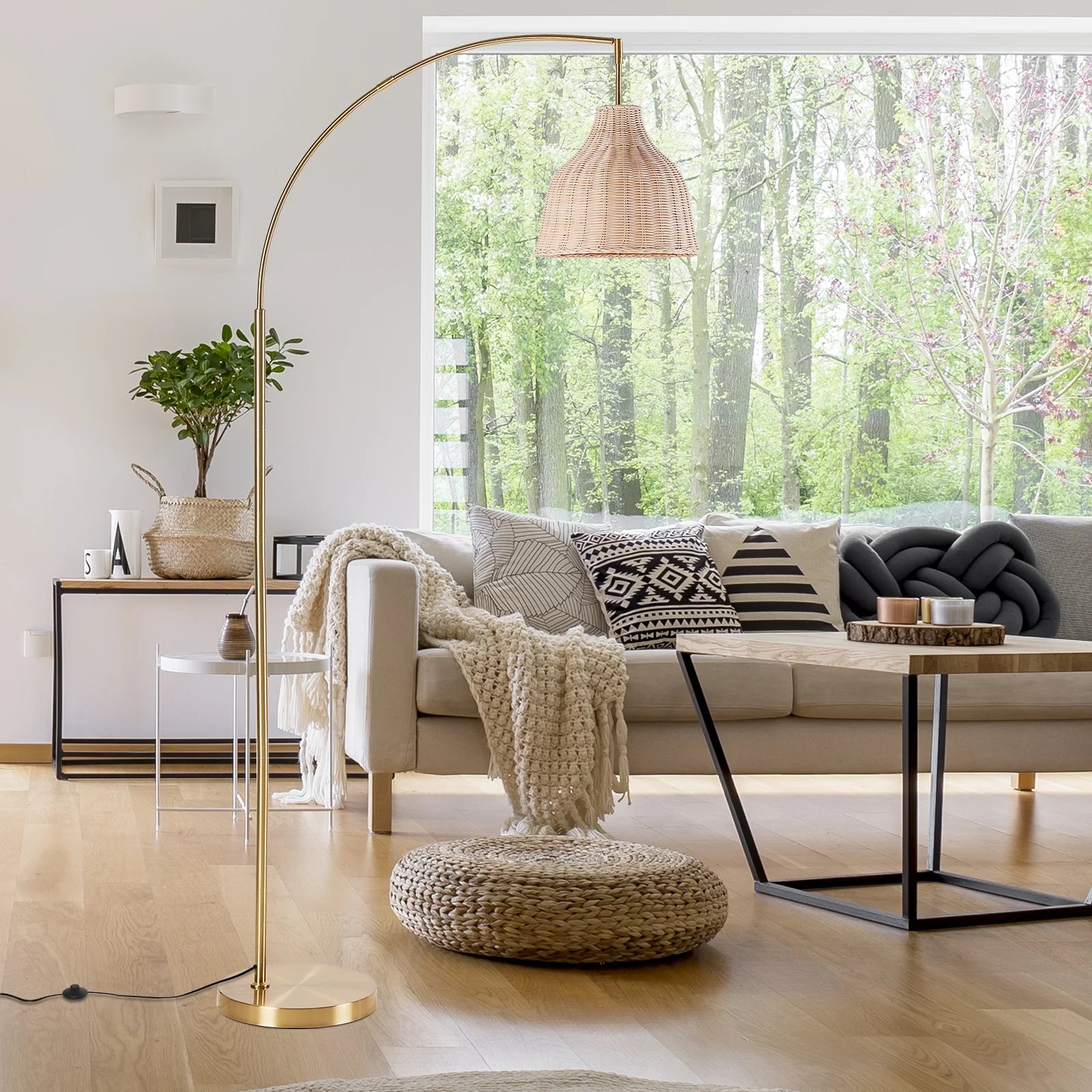 SUNMORY 72 in Arched Rattan Floor Lamp, Fabric Retro Boho Farmhouse Rustic Standing Lamp for Living Room, Bedroom, Office, 9W & Foot Switch & 3 Color Temperature, Gold