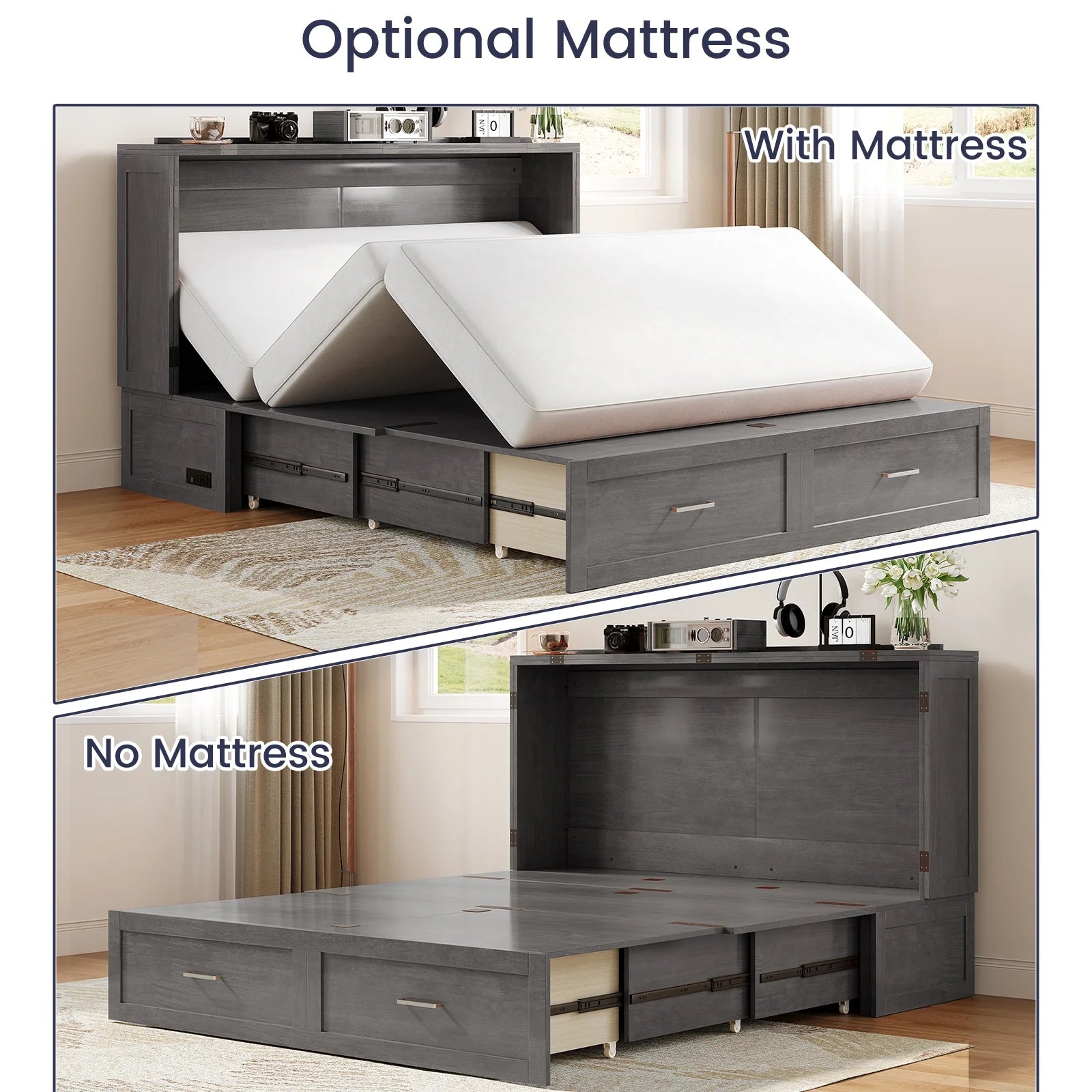 ZAFLY Murphy Bed with Trifold Foam Mattress, Cabinet Bed Has USB Charging Station, Convertible Bed with Storage Platform, Cabinet Chest Bed with Large Drawers for Living Room/Bedroom (Grey)