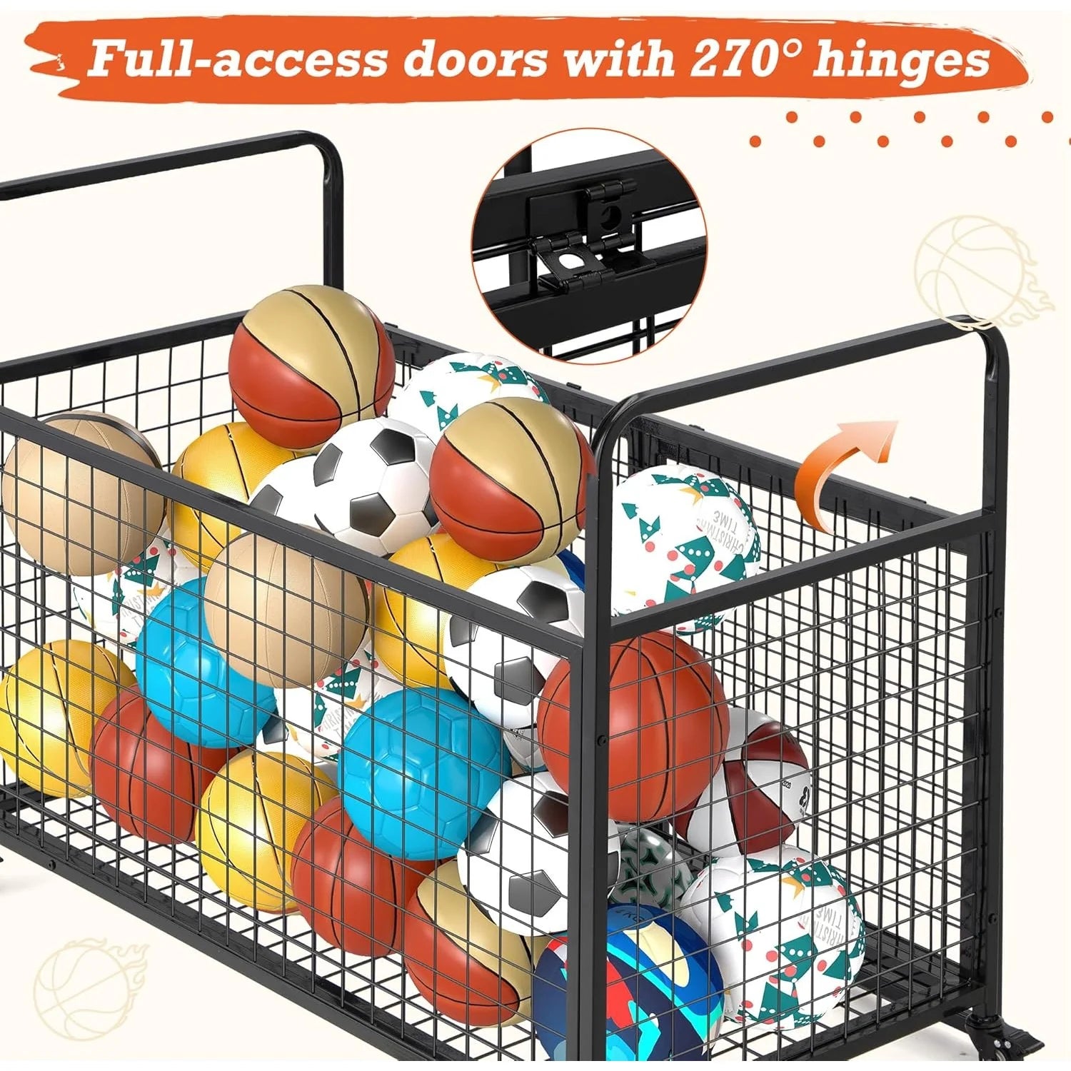 AECOJOY Ball Cart Storage, Rolling Basketball Bin with Wheels for Garage, School, Gym, Sports Equipment and Toy Organizer, Extra Large