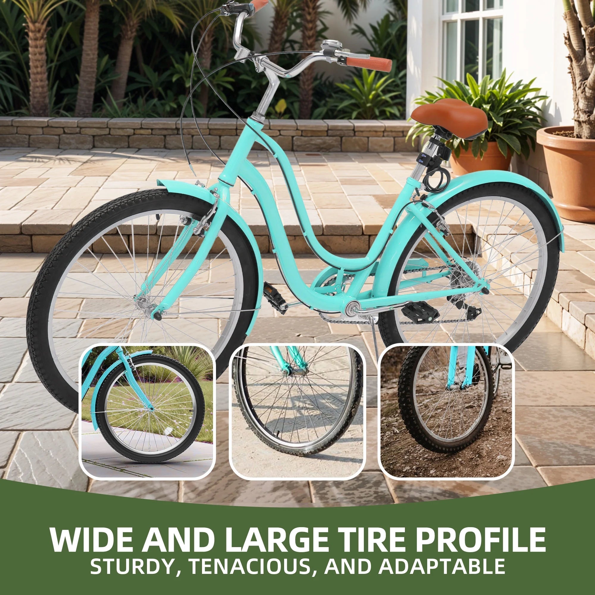 Uforic24'' Beach Cruiser Bike, 7 - Speed, Step - Through Bicycle for Men & Women, Steel Frame, Mint Green
