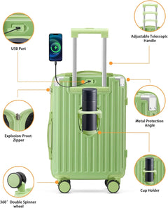20 in Carry on Luggage with Cup Holder & USB Port, Airline Approved TSA - Locked Luggage, Lightweight PC Material Travel Suitcase with 360 Spinner Wheel