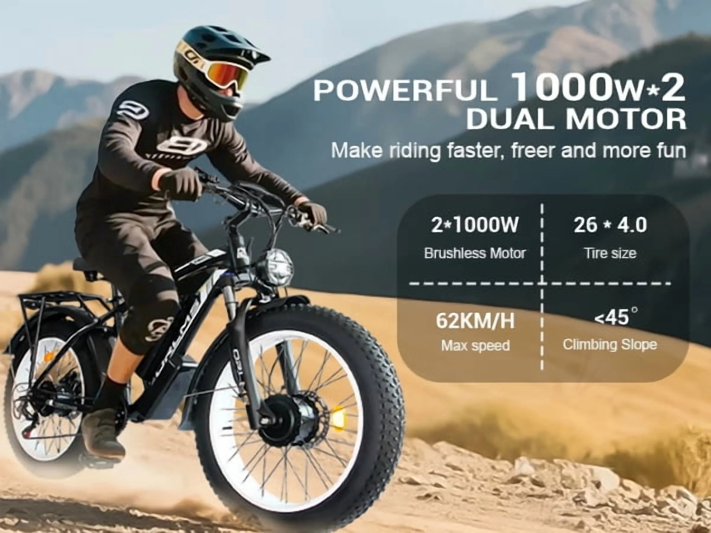 5000w Peak Dual Motor Electric Bike, 26" Fat Tire Shimano 21 Speed 45 MPH Commuter Mtb, 60V 25AH Front Suspension Ebike
