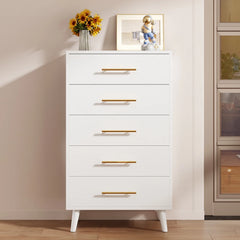 Bedroom Furniture Set - Includes Queen Bed Frame, Nightstands Set of 2, 5 - Drawer Dresser & Vanity Desk - Modern Storage Solution for Stylish Home Decor, Beige/White