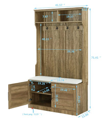 Entryway Hall Tree with Storage Bench, Wooden Coat Rack with Sponge Pad and 4 Dual Hooks, Storage Shelf Organizer with 2 - Door Cabinet for Entryway, Bedroom, Easy to Assemble