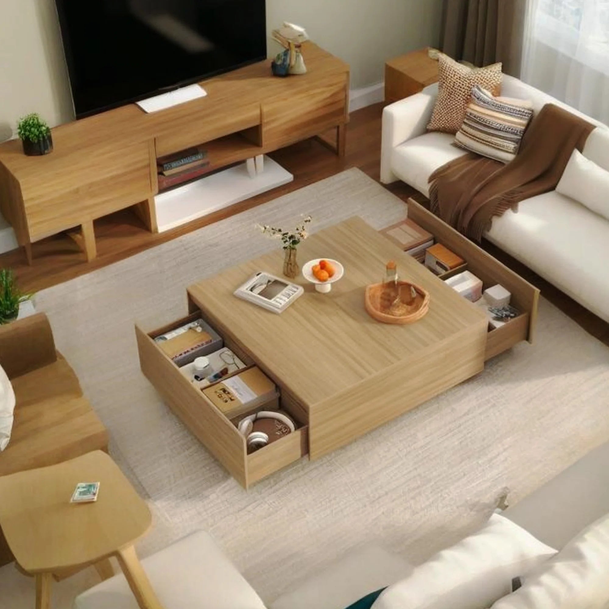 Blotout Square Coffee Table with 2 Large Drawers, 43" Mid Century Modern Coffee Table with Storage, Wood Cocktail Table Center Table with Storage for Living Room, Wood Grain