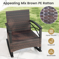 Tangkula 3 Piece Rocking Bistro Set PE Rattan Rocker Chairs with Acacia Wood Top Table