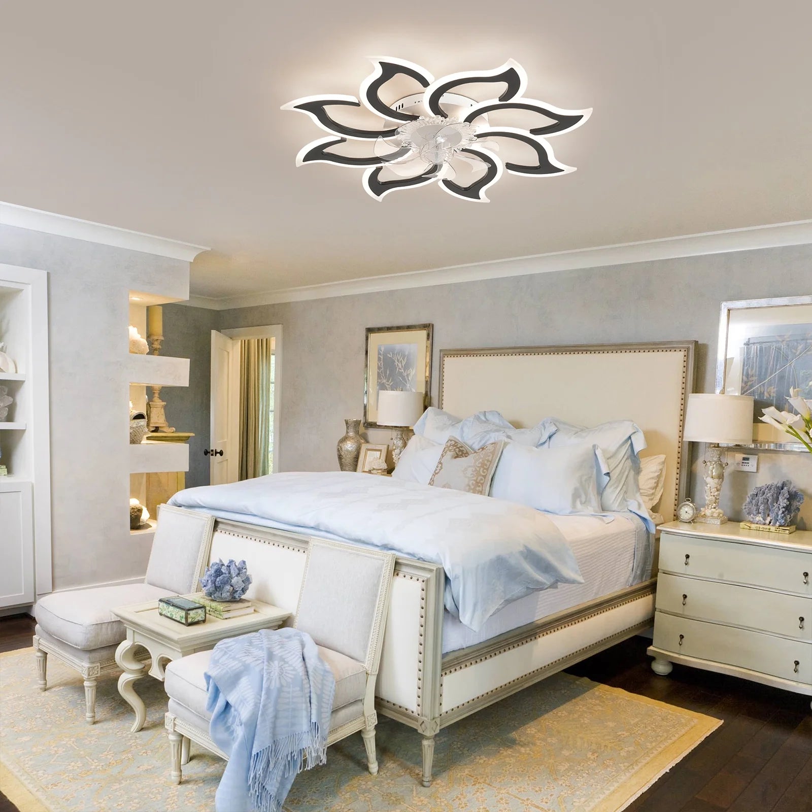 Garwarm Dimmable Ceiling Fan with Light and Remote Control, 27" Small Flush Mounted Ceiling Fan with LED Lights, APP and Remote Controlled, Modern, White
