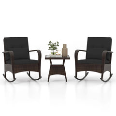 3-Piece Outdoor Wicker Rocking Chair Set, Rattan Bistro Rocker Furniture with Cushions & Pillows, Tempered Glass Coffee Table for Porch Balcony