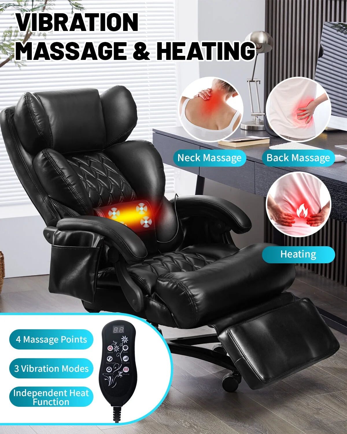 800 lb Relax Office Chair with Foot Support & 8 - Zone Soothing Warmth for Larger Users, Big and Tall Ergonomic Executive Tilt Desk Chairs for Home Office Managerial Use