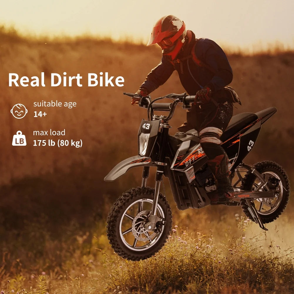 Electric Dirt Bike for Kids, 36V Ride on Motorcycle, up to 15.5MPH, 350W Brushless Motor, LED Headlight, Leather Seat, Front and Back Brakes, Electric Motorcycle for Kids Age 8 - 16, Max Load 175 lb