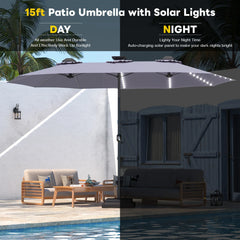 AECOJOY 15ft Patio Double-Sided Umbrella, 156 PCS Solar LED Light Outdoor Large Umbrella, Dark Grey