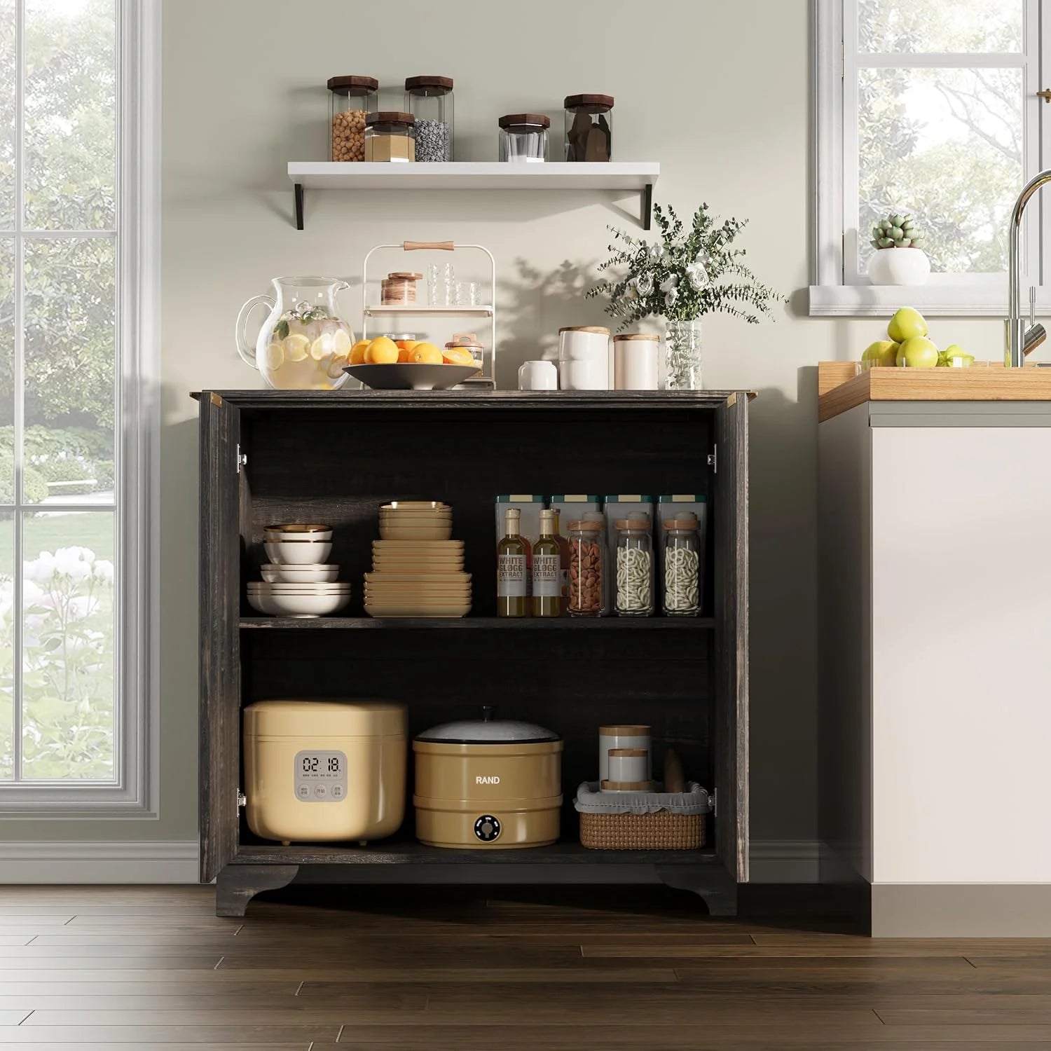 Perfect Deals Await Modern Farmhouse Coffee Bar Cabinet �?kitchen Storage Cabinet with Fluted Doors, Sideboard Buffet with Adjustable Shelves for Kitchen, Dining Room, and Living Room, White