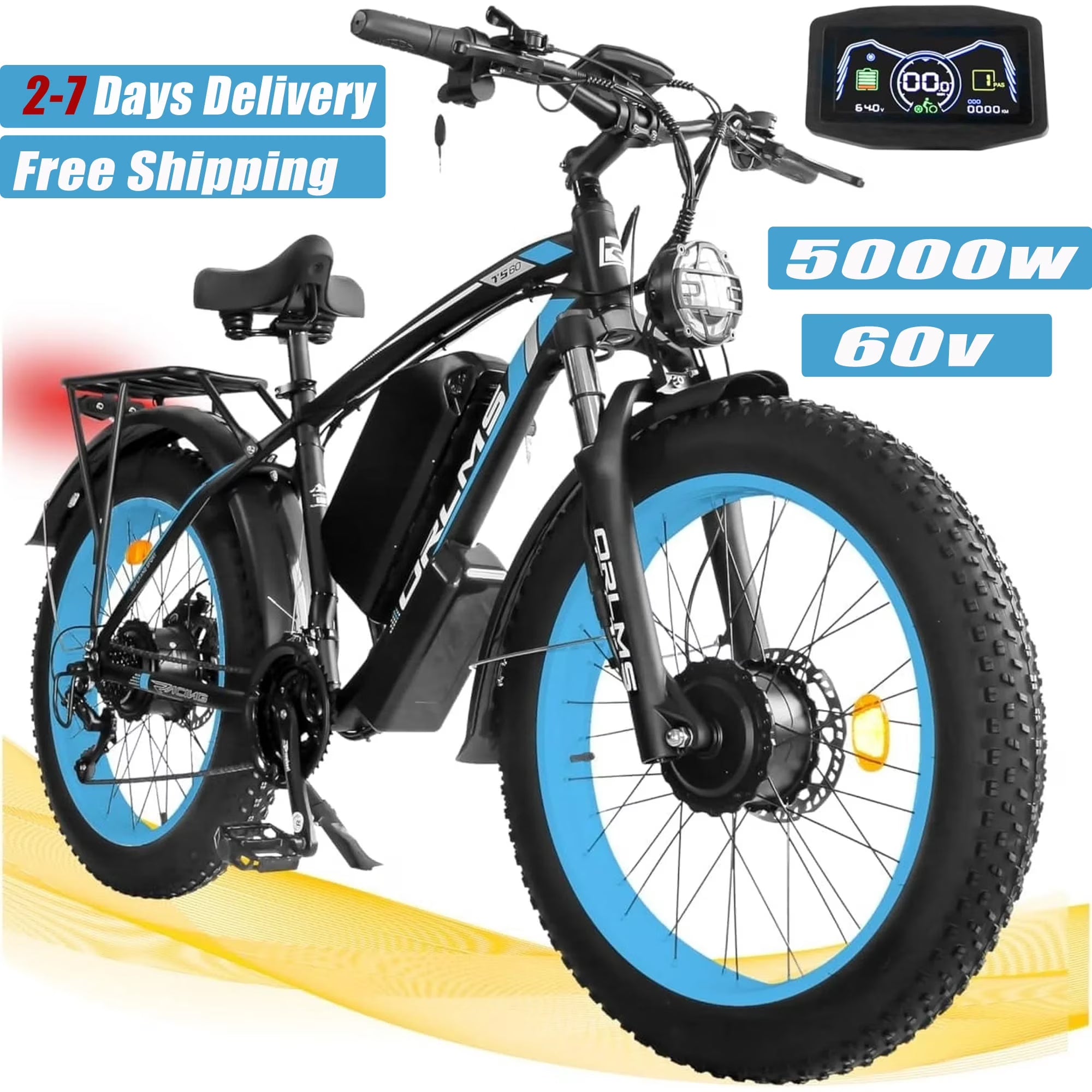 5000w Peak Dual Motor Electric Bike, 26" Fat Tire Shimano 21 Speed 45 MPH Commuter Mtb, 60V 25AH Front Suspension Ebike