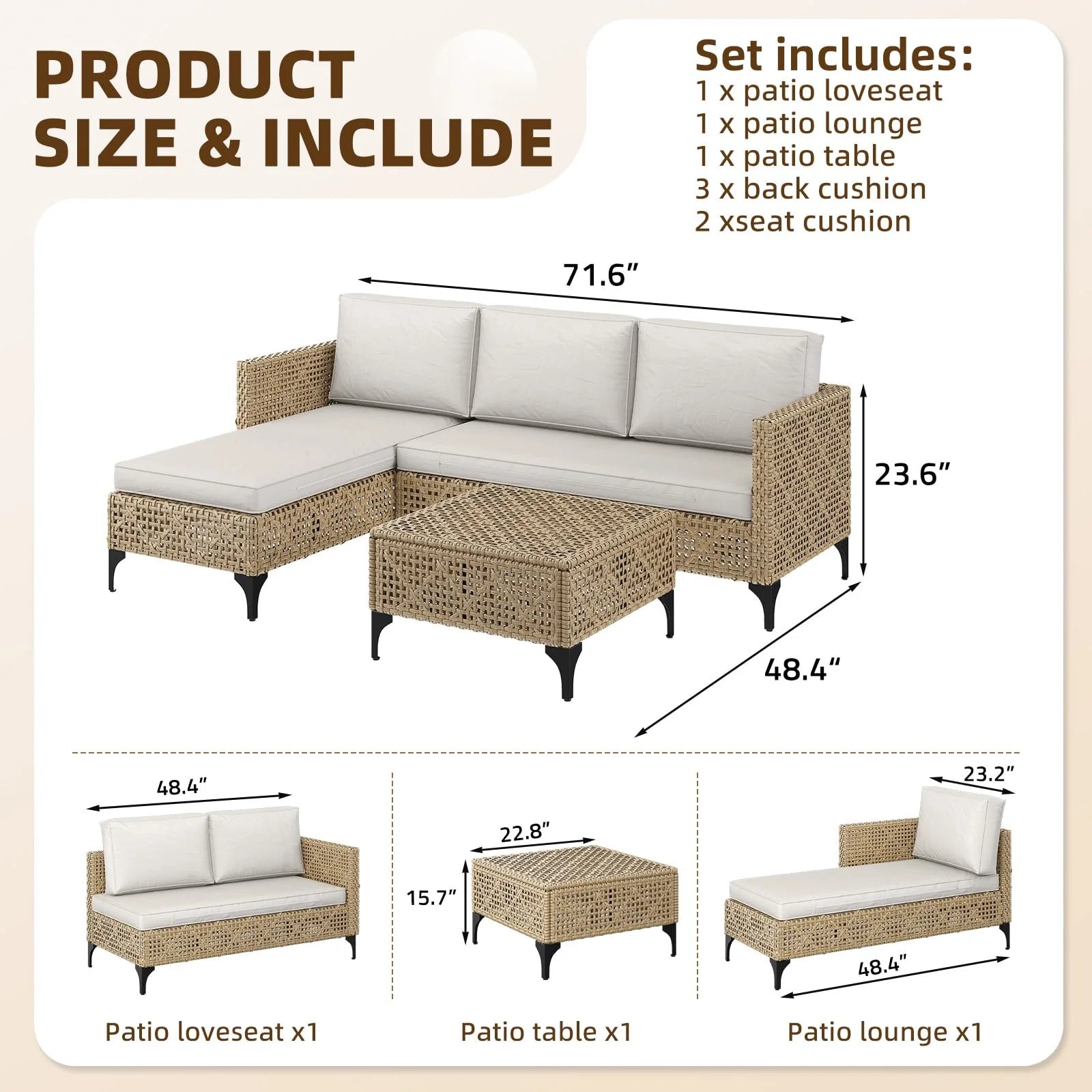 AECOJOY Outdoor Patio Furniture Set, 3 Pieces All Weather Wicker Rattan Sectional Sofa