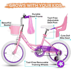Hykolity 14" Girls Bikes with Basket, Doll Seat, Removable Training Wheel, Adjustable Sanddle
