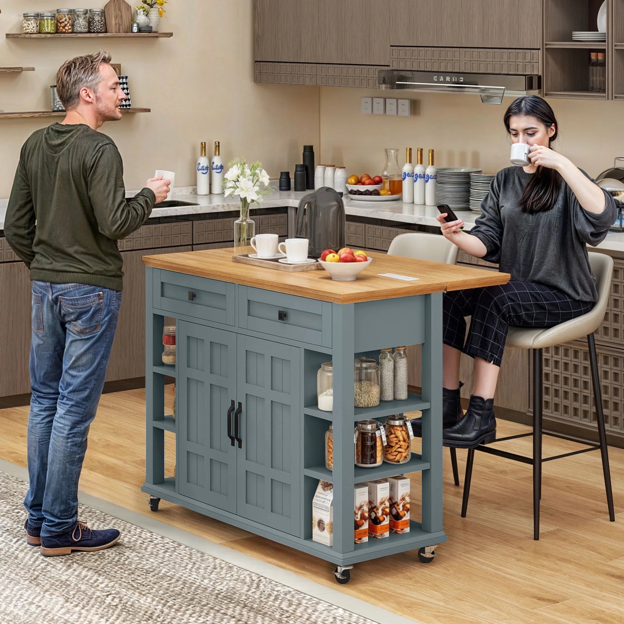 Uforic Kitchen Island Cart with Power Outlets, Kitchen Storage Trolley Cart with Storage Shelves & Drawers, Off - White