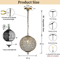1 - Light 12" Retro Antique Gold Crystal Globe Chandelier Small Sphere Pendant Light