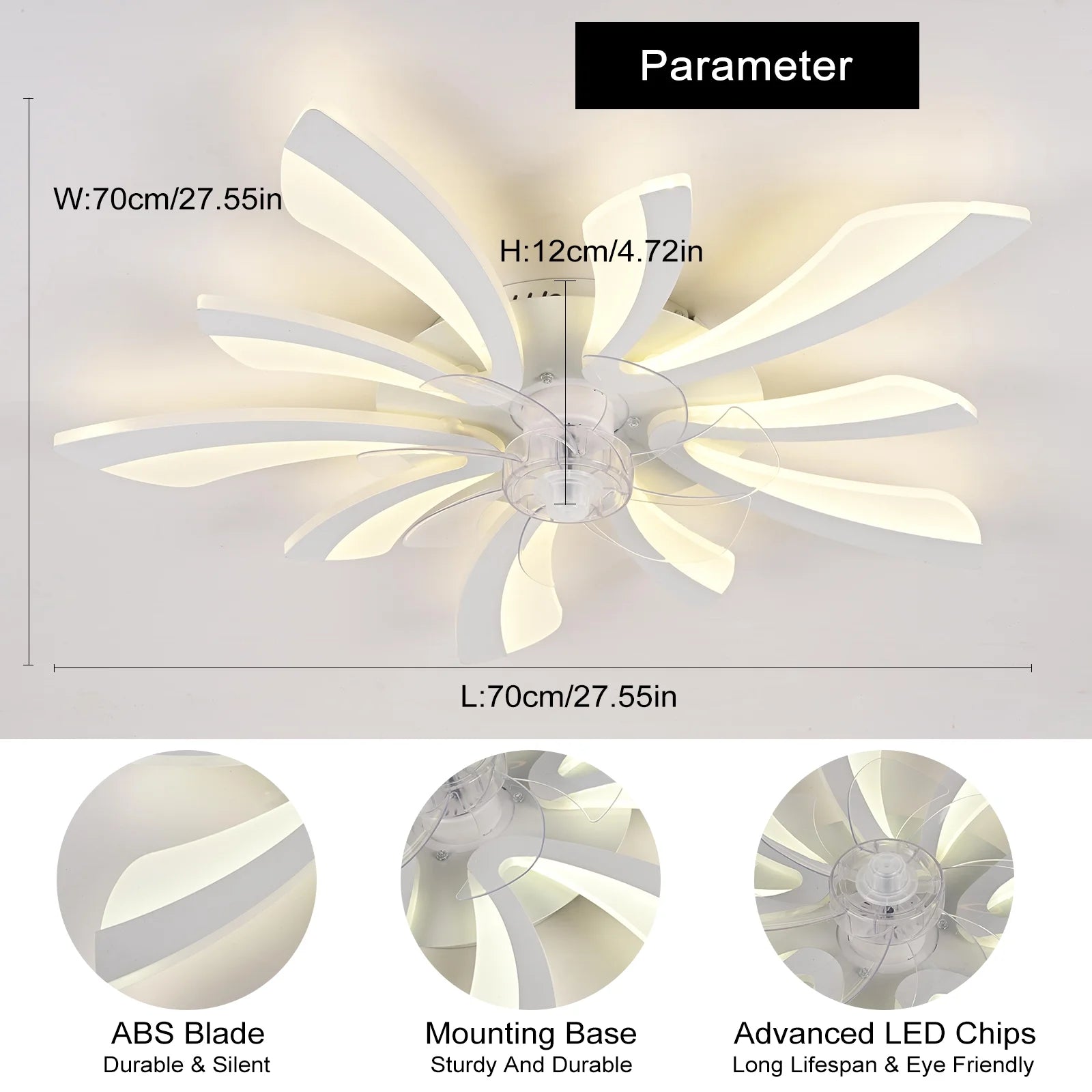 Garwarm Dimmable Ceiling Fan with Light and Remote Control, 27" Small Flush Mounted Ceiling Fan with LED Lights, APP and Remote Controlled, Modern, White